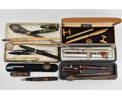 A SELECTION OF ITEMS, to include a 'Mentmore' fountain pen fitted with a 14ct nib, another fountain pen fitted with a 14c nib