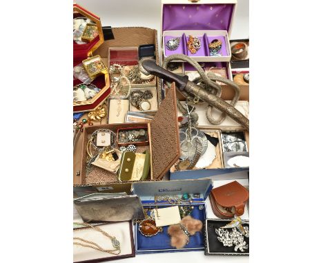 A BOXED OF ASSORTED COSTUME JEWELLERY AND JEWELLERY BOXES, to include various beaded necklaces, bracelets, brooches, earrings