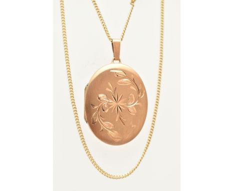 A 9CT GOLD OVAL LOCKET WITH CHAIN, floral pattern to one side of the oval locket, hallmarked 9ct Sheffield, fitted with a tap
