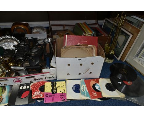 THREE BOXES, ONE SUITCASE AND LOOSE MISCELLANEOUS SUNDRIES, to include a mid-century teak framed wall mirror, brass fireside 