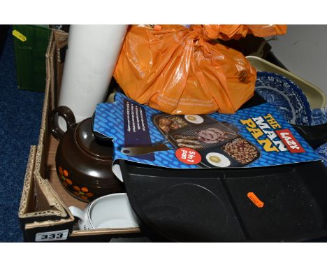 FOUR BOXES OF MIXED KITCHEN CERAMICS AND APPLIANCES to include a boxed hot stone cooking appliance, a variety of Spode commem