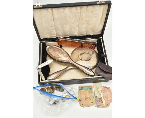 A SILVER MOUNTED BRUSH, MIRROR, COMB, COINS ETC., to include an early 20th century silver mounted brush, a silver mounted mir