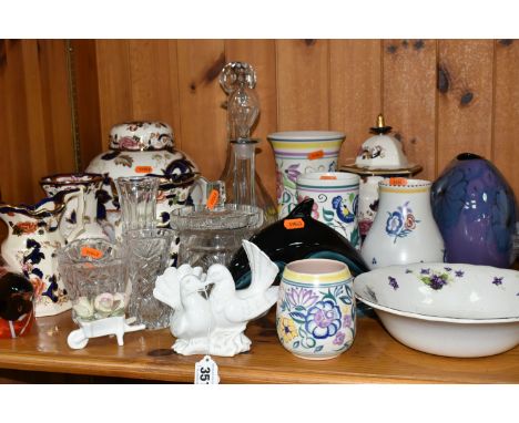 A GROUP OF NAMED CERAMICS, comprising five pieces of Mason's 'Blue Mandalay' pattern comprising two ginger jars (larger one i