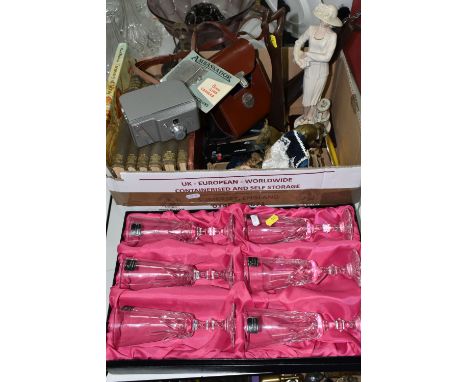 ONE BOX OF MIXED VINATGE ITEMS AND A BOX OF SIX ROSEMARY CRYSTAL CUT GLASSES to include a 1930s clockwork Hornby '500' locomo