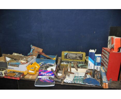 THREE TRAYS AND A HARDWARE CADDY CONTAINING TOOLS AND HARDWARE including brass and steel slotted screws, taps, dies, wrenches