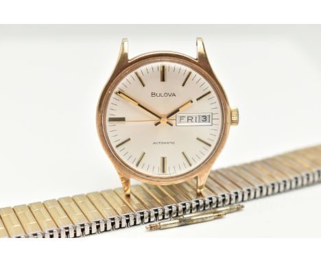 A GENTS 'BULOVA' WATCH, automatic movement, yellow metal case, stamped with Swiss control marks for 9ct gold, to the twelve o