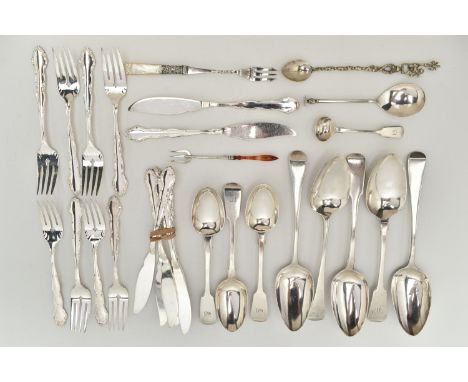 A SELECTION OF SILVER AND WHITE METAL CUTLERY, to include two Georgian fiddle pattern tablespoons, engraved initial 'W' to th