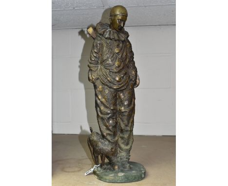 A BRONZE FIGURE OF PIERROT AND A CAT, height 58cm (1) (Condition Report: appears ok generally, has a small split at the top o