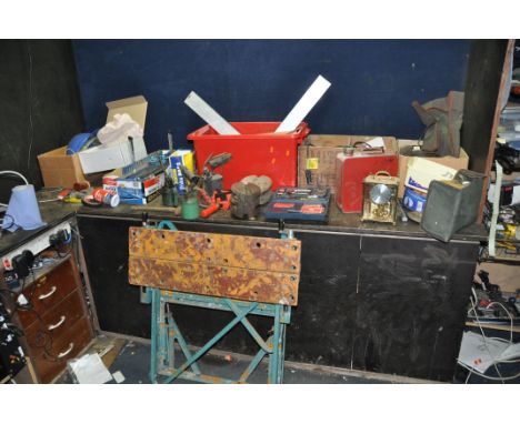 FOUR BOXES CONTAINING TOOLS AND COLLECTABLES including two vintage oil cans, two paraffin blowlamps, two wooden maritime pull