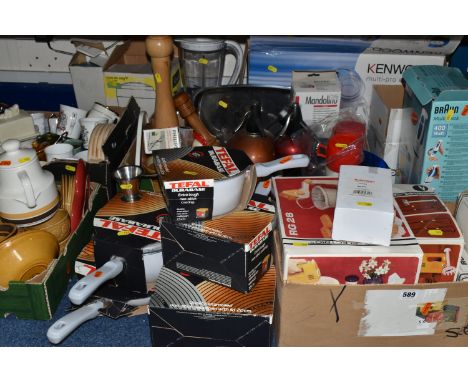 FOUR BOXES AND LOOSE KITCHENWARE, to include a boxed Kenwood multi-pro excel food processor, a boxed Better ware herb roller,