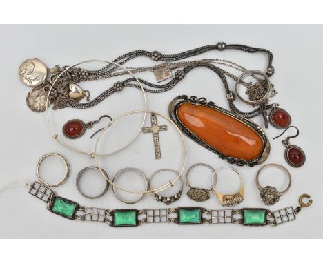 A COLLECTION OF SILVER, WHITE AND YELLOW METAL JEWELLERY, to include a yellow and white metal synthetic spinel eternity ring 