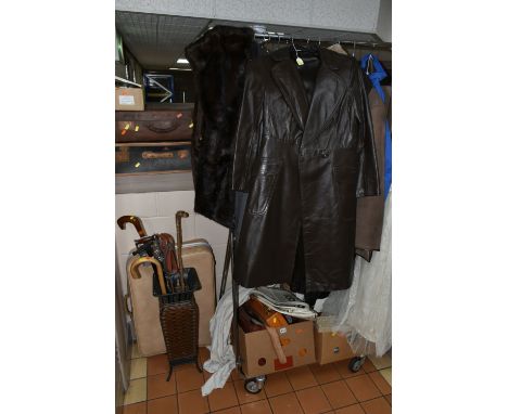 FOUR BOXES, THREE SUITCASES AND LOOSE VINTAGE CLOTHING, to include two men's vintage sheepskin coats, UK size M, a ladies bei