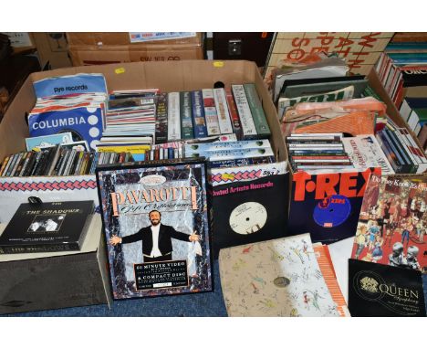 THREE BOXES AND A CASE OF MUSIC, to include a case of 45 RPM singles, CDs, music themed VHS cassettes, LPs and special editio