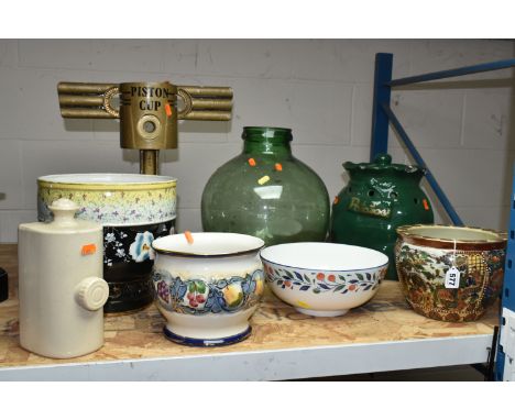 A GROUP OF LARGE CERAMICS, GLASS CARBOY AND TROPHY, to include a modern oriental fish bowl style planter, a Johnson Bros bowl