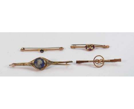 A collection of Victorian 9ct bar brooches: three 9ct rose gold examples with steel pins, 4.2g and yellow metal example with 