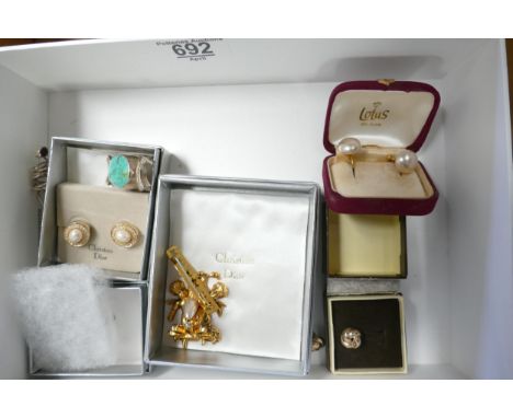 A collection of quality ladies costume jewellery: including Christian Dior items, 9ct gold earrings, white metal agate ring e