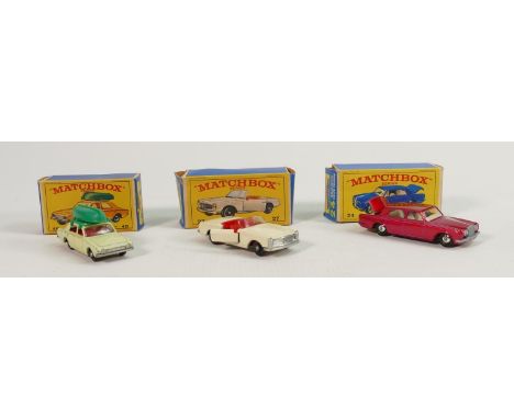 Three boxed matchbox cars numbers 24 27 and 45: Rolls Royce silver shadow, Mercedes Benz 230SL &amp; Ford corsair with boat. 