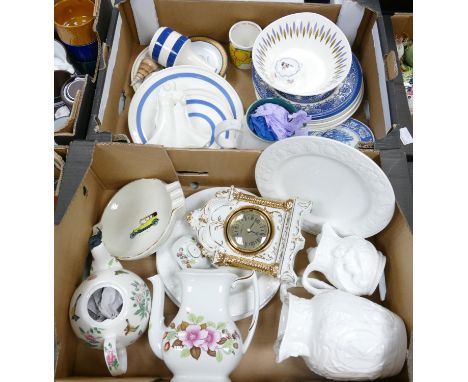 A mixed collection of items to include: floral &amp; embossed jugs &amp; teapots, Royal Worcester Figure etc (2 trays) 