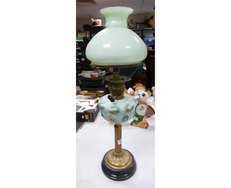 Victorian Brass &amp; Coloured Glass Oil Lamp: electric conversion noted 