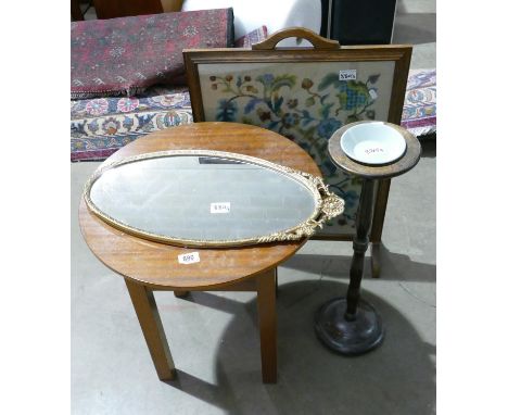 Mid Century Teak Occasional table together with: embroidered fire screen &amp; brass effect wall mirror(3) 