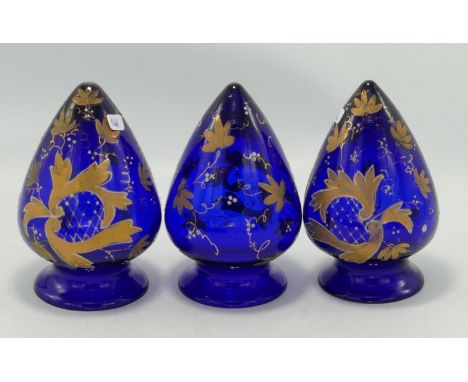 Three Victorian Hand Decorated Cobalt Blue light shades: each 13cm tall(3) 