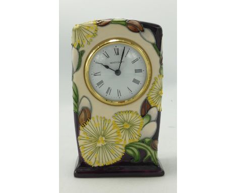 Moorcroft Pussy Willow Patterned Mantle Clock: red dot seconds, height 16cm 