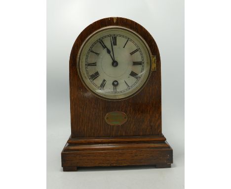 Oak Cased early 20th Century Mantle Clock: with presentation plaque, height 25cm 