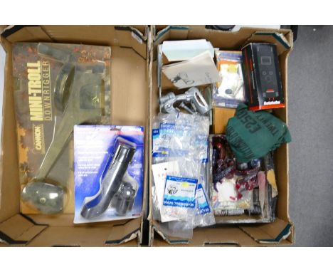 A collection of Fishing Tackle to include: Vintage Rod Holders, Down Riggers, Baits, Hooks etc (2 trays) 