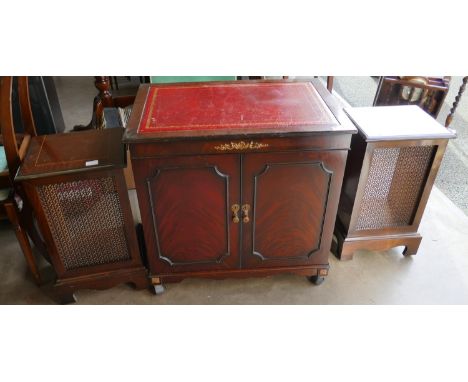 Leather Topped Record Player Cabinet: length 74cm together with matching Speaker Cabinets(3) 