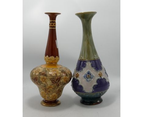 Doulton Lambeth Slaters Stone Ware Footed Vases: height of tallest 29cm, crack to body of cream item(2) 