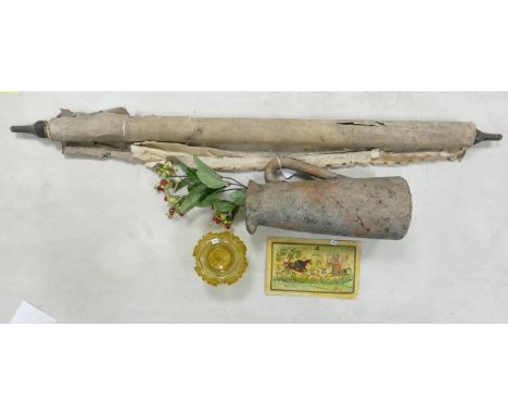 Church plan studio jug glass inkwell and Indian celluloid panel: cloth backed plans of church distressed, tall studio jug, cu