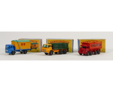 Three Matchbox Lesney boxed vehicles 4 17 &amp; 60: Stake truck mint &amp; boxed, Hoveringham 8 wheel tipper about mint and b