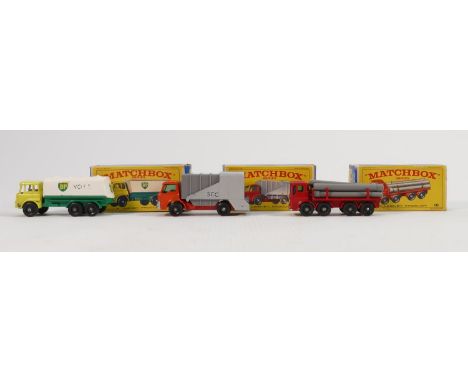 Three Matchbox Lesney boxed vehicles 7 10 &amp; 25: Refuse truck &amp; box both near mint, pipe truck with 7 pipes &amp; box 