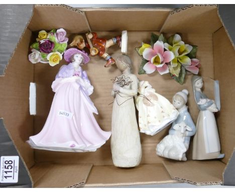 A mixed collection of item to include: Lladro &amp; Coalport Lady Figures, small damaged Goebel figure etc 