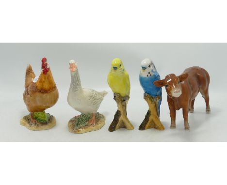 John Beswick Ceramic Animals to include: Blue &amp; Yellow Budgies, Goose, Cockerel etc (5) 