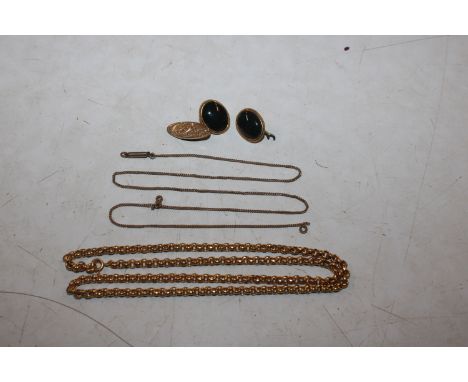 A yellow metal chain, approx. 4.5gms; another chain AF and two sections of yellow metal cuff-links 