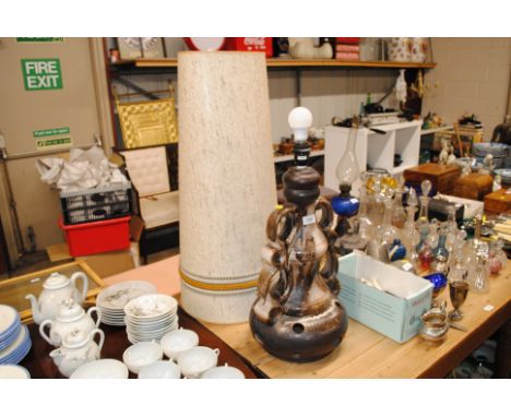 A West German running glaze pottery table lamp and shade 