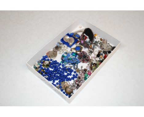 A box of various costume jewellery to include a pair of 925 silver ear-rings set with amethysts, and silver handle etc. 