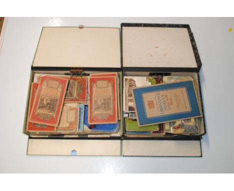 Two boxes containing vintage Ordnance Survey maps, post-cards etc.