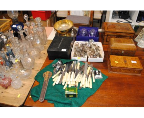 A quantity of various silver plated flatware, Waterford crystal goblets etc.