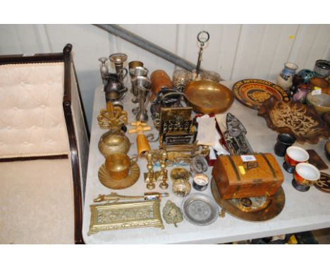 A quantity of various silver plated and brassware, silver plated flat ware etc.