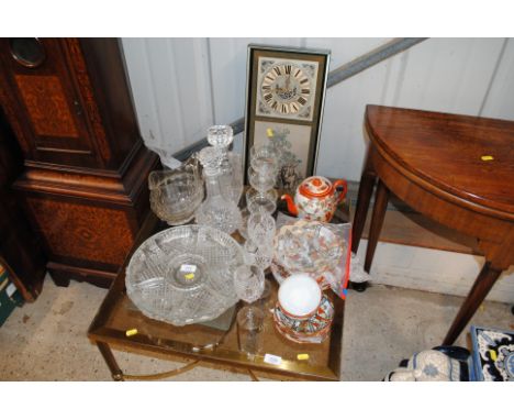 A quantity of table glassware to include decanters and stoppers, hors d'oeuvres dish, a quantity of Satsuma decorated tea war