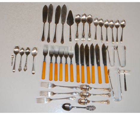 Four silver spoons; a silver condiment spoon marked 925 73.5gms and a collection of various other silver plated cutlery 
