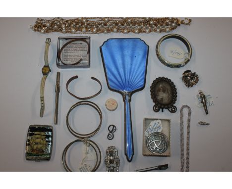 A silver blue enamel decorated dressing table hand mirror AF; and a box of various costume jewellery to include bracelets, ba
