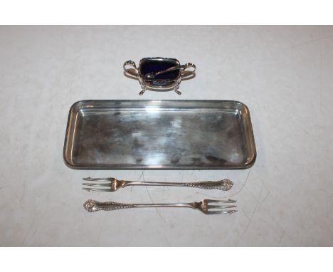 A silver tray; two silver pickle forks and a silver salt with spoon, approx. total weight excluding glass liner 226gms