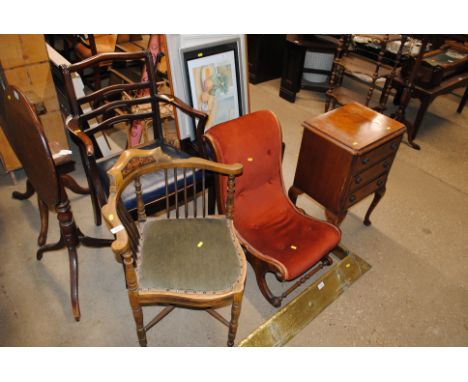 A ladder back carver chair and matching standard; an Edwardian corner chair; a 19th Century upholstered slipper chair and a b
