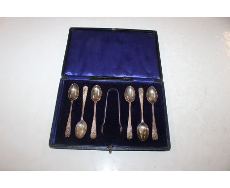 A cased set of six silver teaspoons and sugar tongs 