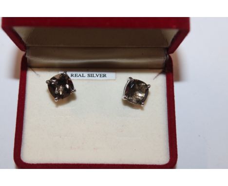 A pair of 10mm square Sterling silver and smoky topaz stud ear-rings 
