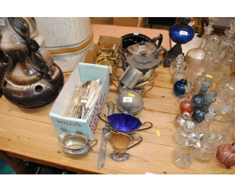 A box of various silver plated flat ware, silver plated tea ware, a box of brass door handles