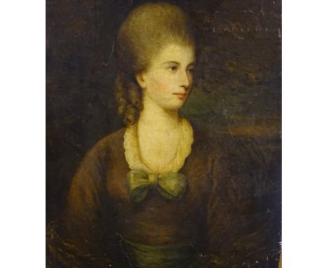 18thC School. Half length portrait of a woman wearing a dress with blue ribbon, oil on canvas, 77cm x 63.5cm.